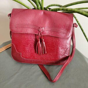 Burgundy Red Leather Purse Vintage with Over The Shoulder Strap Antique Fashion